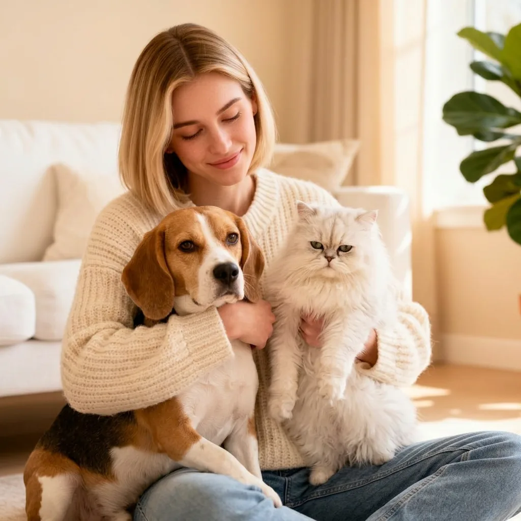 Mulher abraçando carinhosamente um cachorro beagle e um gato siamês em uma sala iluminada